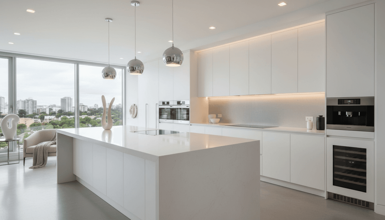 Bright, pristinely clean modern kitchen with white countertops and stainless steel appliances