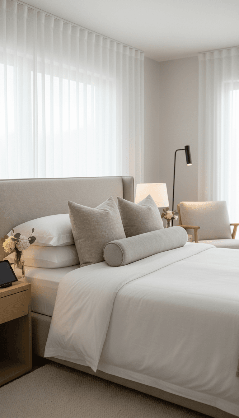 Pristine, professionally cleaned luxury vacation rental bedroom with fresh white linens