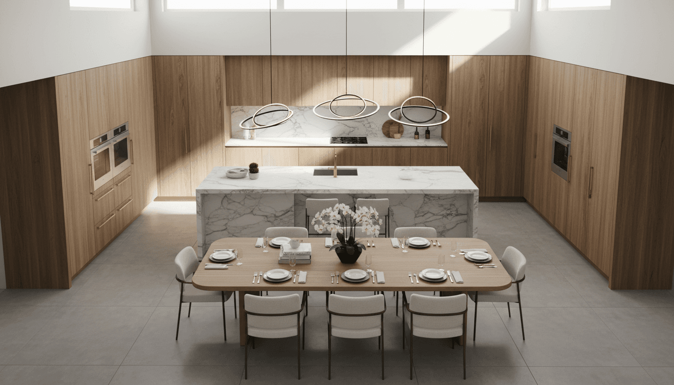 Bright, immaculate modern kitchen with clean countertops and sunlit interior